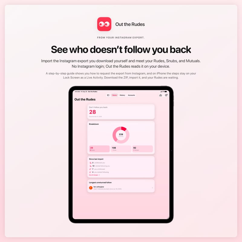 The Out the Rudes share image, showing the app on iPad Pro 13-inch with its icon, name and headline for the Papermoon account, in the Pink tint, light appearance.