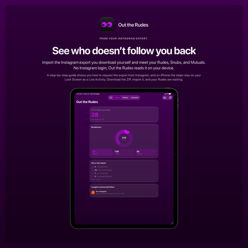 The Out the Rudes share image, showing the app on iPad Pro 13-inch with its icon, name and headline for the Papermoon account, in the Purple tint, dark appearance.