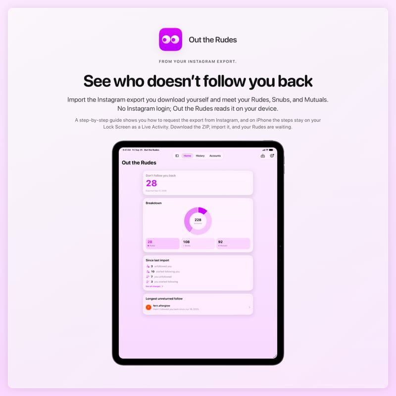 The Out the Rudes share image, showing the app on iPad Pro 13-inch with its icon, name and headline for the Papermoon account, in the Purple tint, light appearance.