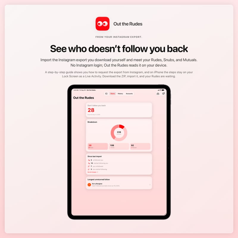 The Out the Rudes share image, showing the app on iPad Pro 13-inch with its icon, name and headline for the Papermoon account, in the Red tint, light appearance.