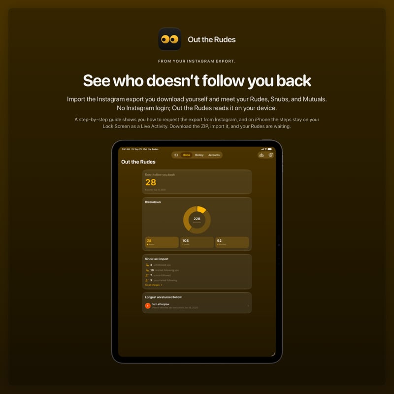 The Out the Rudes share image, showing the app on iPad Pro 13-inch with its icon, name and headline for the Papermoon account, in the Yellow tint, dark appearance.
