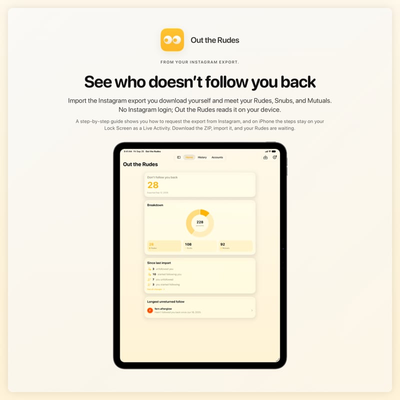 The Out the Rudes share image, showing the app on iPad Pro 13-inch with its icon, name and headline for the Papermoon account, in the Yellow tint, light appearance.