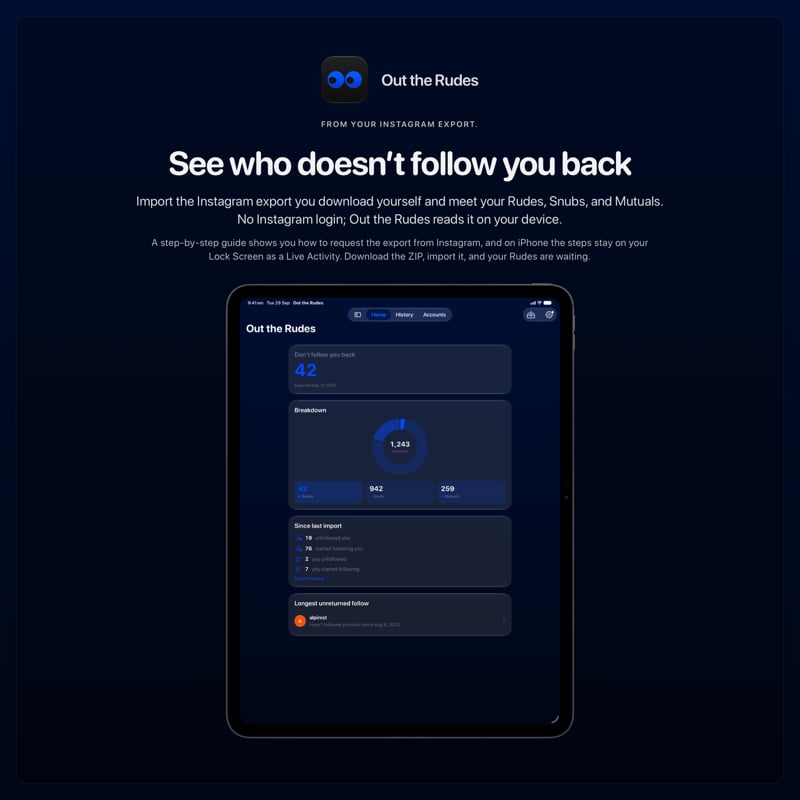 The Out the Rudes share image, showing the app on iPad Pro 13-inch with its icon, name and headline for the Saltmarsh account, in the Blue tint, dark appearance.