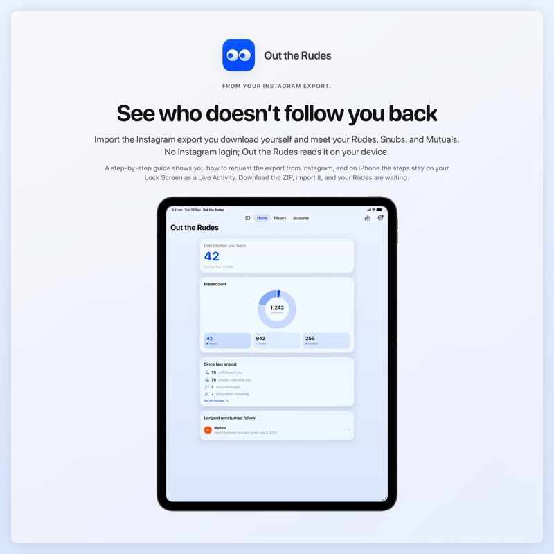 The Out the Rudes share image, showing the app on iPad Pro 13-inch with its icon, name and headline for the Saltmarsh account, in the Blue tint, light appearance.