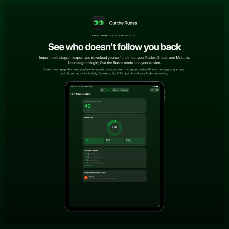 The Out the Rudes share image, showing the app on iPad Pro 13-inch with its icon, name and headline for the Saltmarsh account, in the Green tint, dark appearance.
