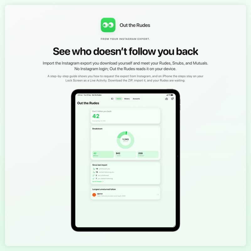 The Out the Rudes share image, showing the app on iPad Pro 13-inch with its icon, name and headline for the Saltmarsh account, in the Green tint, light appearance.