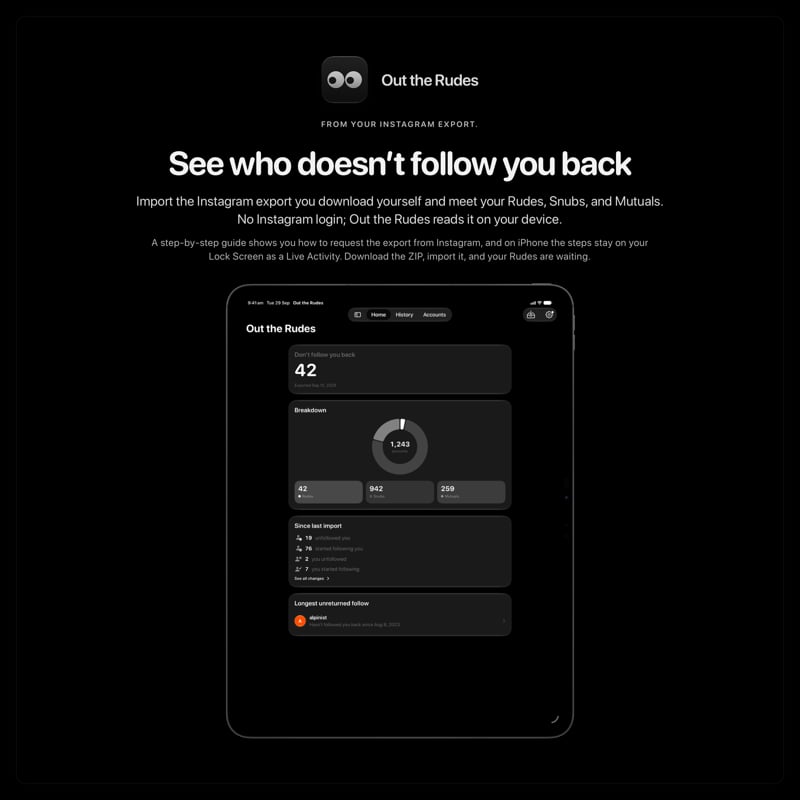 The Out the Rudes share image, showing the app on iPad Pro 13-inch with its icon, name and headline for the Saltmarsh account, in the Grey tint, dark appearance.