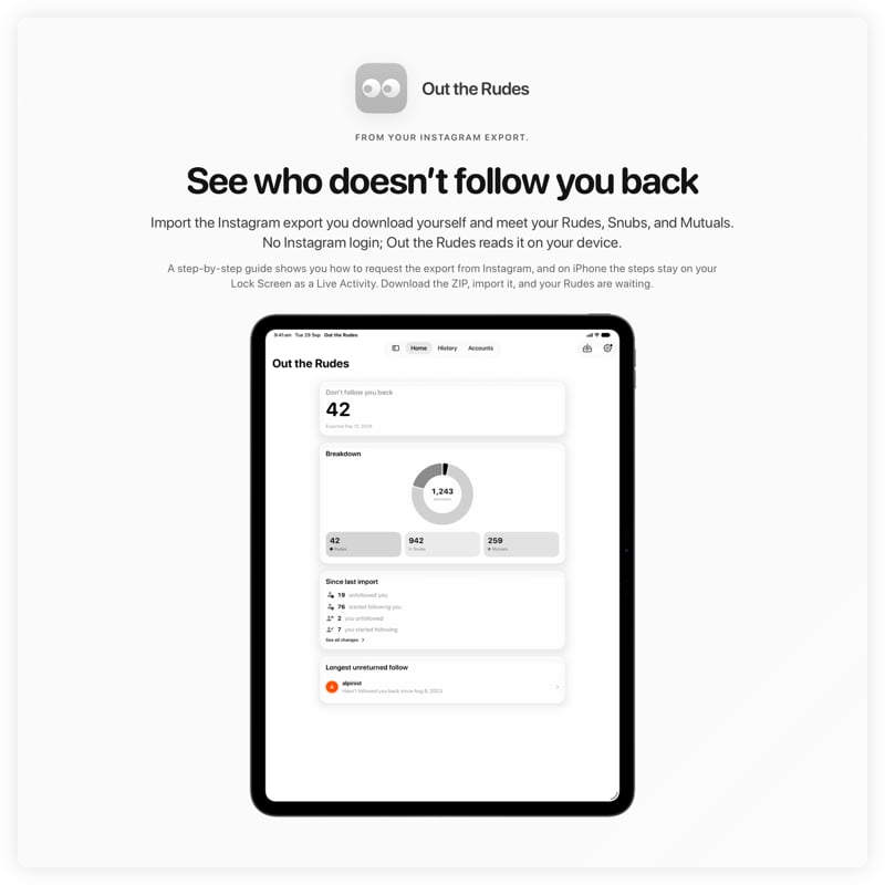 The Out the Rudes share image, showing the app on iPad Pro 13-inch with its icon, name and headline for the Saltmarsh account, in the Grey tint, light appearance.