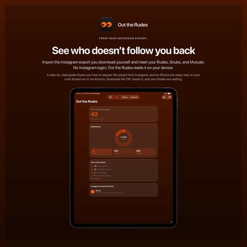 The Out the Rudes share image, showing the app on iPad Pro 13-inch with its icon, name and headline for the Saltmarsh account, in the Orange tint, dark appearance.