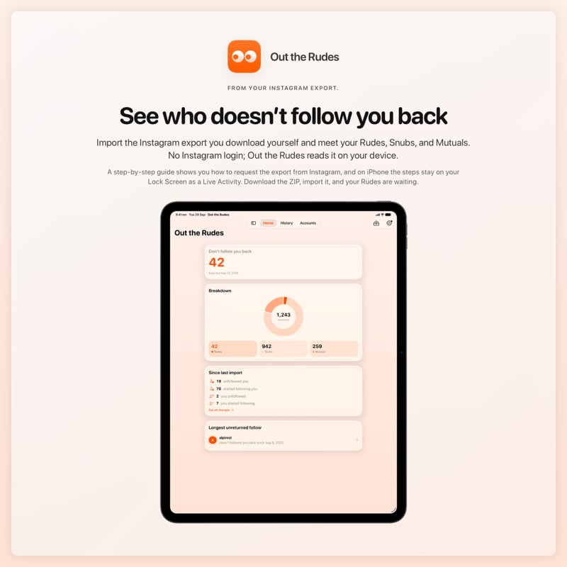 The Out the Rudes share image, showing the app on iPad Pro 13-inch with its icon, name and headline for the Saltmarsh account, in the Orange tint, light appearance.