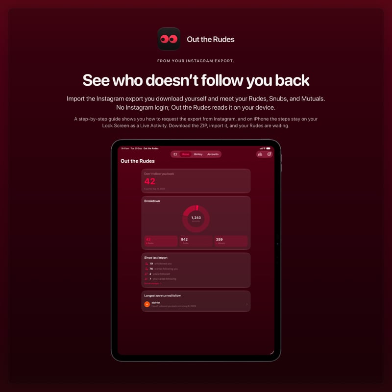 The Out the Rudes share image, showing the app on iPad Pro 13-inch with its icon, name and headline for the Saltmarsh account, in the Pink tint, dark appearance.