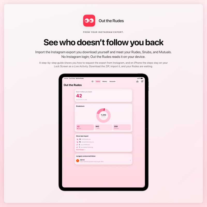 The Out the Rudes share image, showing the app on iPad Pro 13-inch with its icon, name and headline for the Saltmarsh account, in the Pink tint, light appearance.