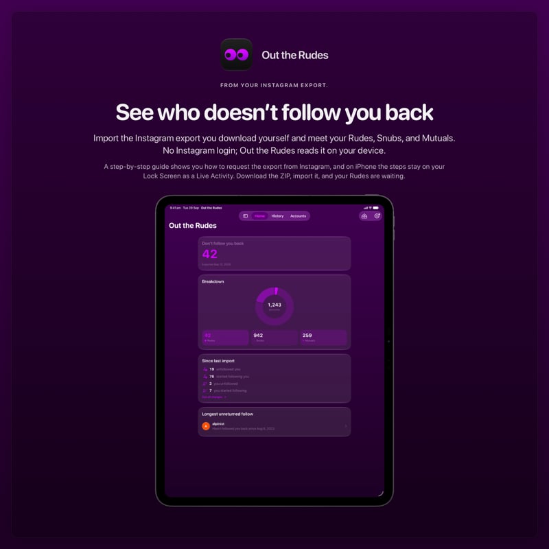 The Out the Rudes share image, showing the app on iPad Pro 13-inch with its icon, name and headline for the Saltmarsh account, in the Purple tint, dark appearance.