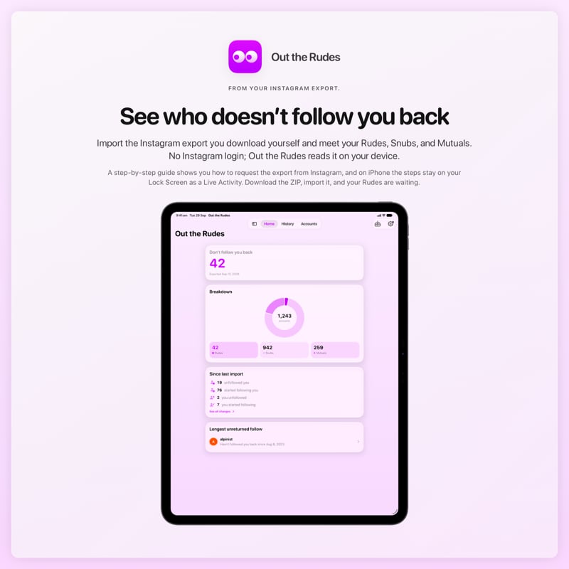 The Out the Rudes share image, showing the app on iPad Pro 13-inch with its icon, name and headline for the Saltmarsh account, in the Purple tint, light appearance.