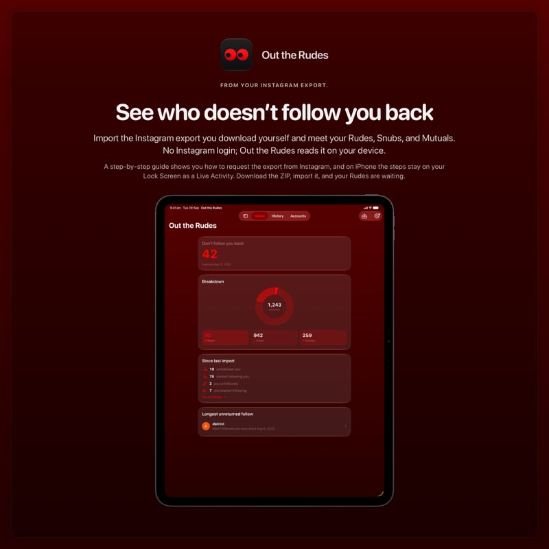 The Out the Rudes share image, showing the app on iPad Pro 13-inch with its icon, name and headline for the Saltmarsh account, in the Red tint, dark appearance.