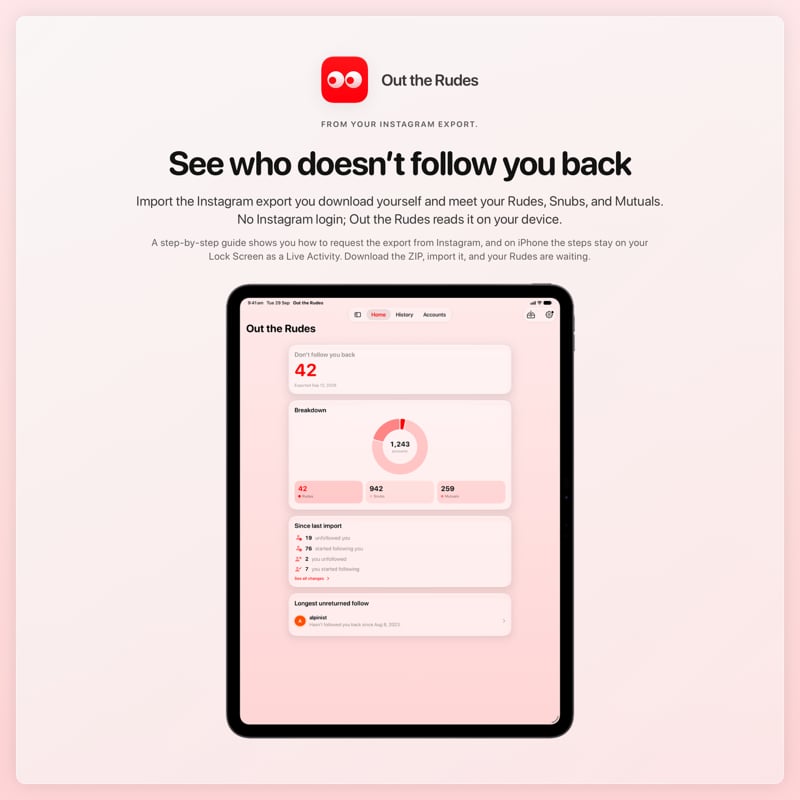 The Out the Rudes share image, showing the app on iPad Pro 13-inch with its icon, name and headline for the Saltmarsh account, in the Red tint, light appearance.