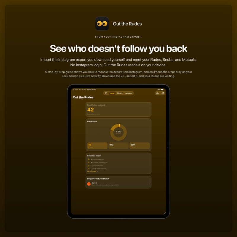 The Out the Rudes share image, showing the app on iPad Pro 13-inch with its icon, name and headline for the Saltmarsh account, in the Yellow tint, dark appearance.