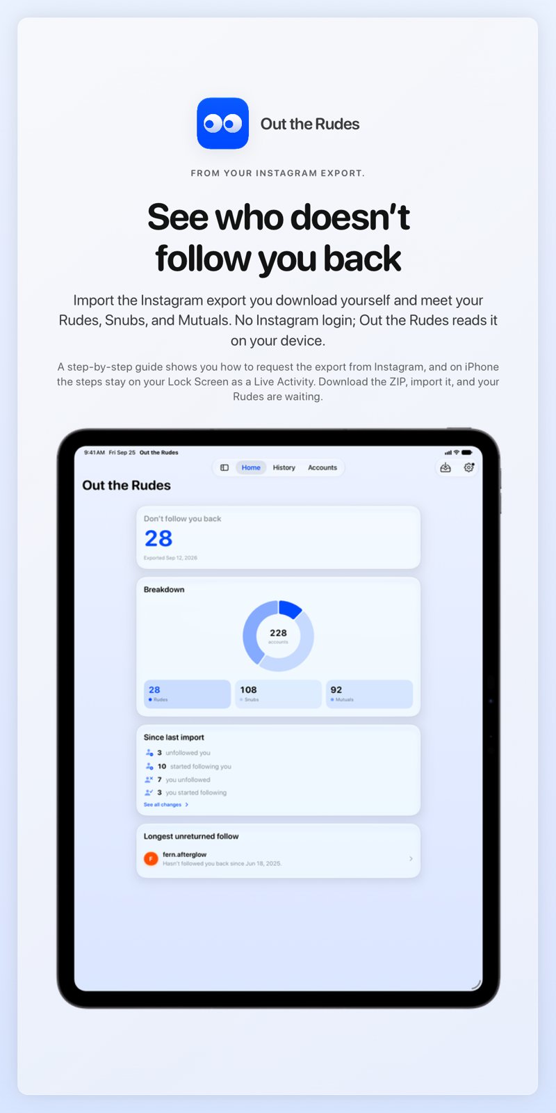 The Out the Rudes share image, showing the app on iPad Pro 13-inch with its icon, name and headline for the Papermoon account, in the Blue tint, light appearance.