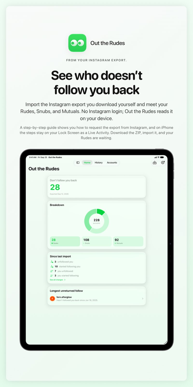 The Out the Rudes share image, showing the app on iPad Pro 13-inch with its icon, name and headline for the Papermoon account, in the Green tint, light appearance.