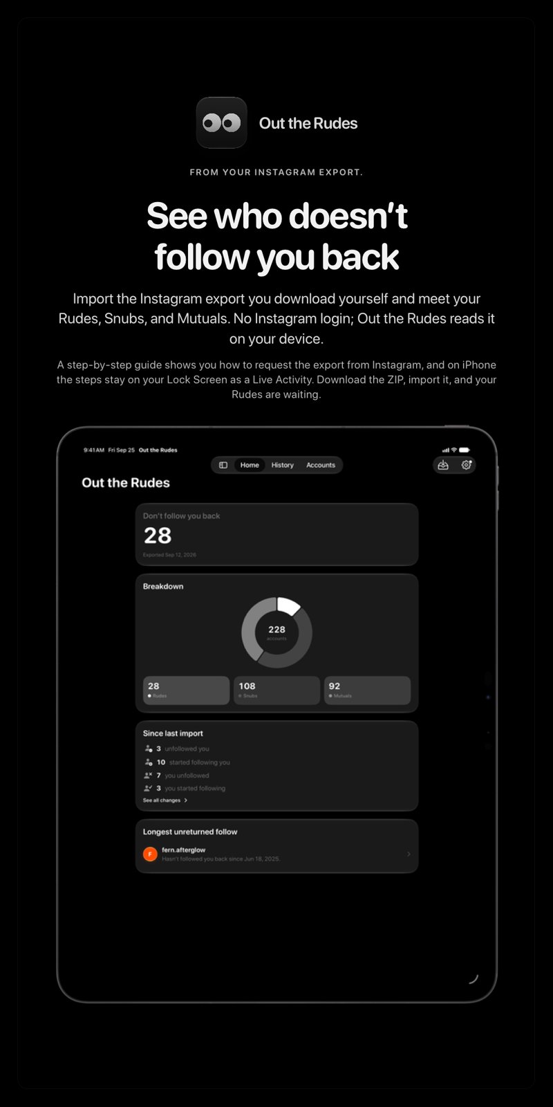 The Out the Rudes share image, showing the app on iPad Pro 13-inch with its icon, name and headline for the Papermoon account, in the Grey tint, dark appearance.