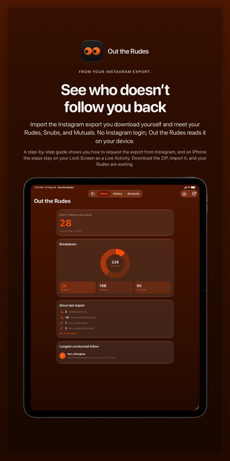 The Out the Rudes share image, showing the app on iPad Pro 13-inch with its icon, name and headline for the Papermoon account, in the Orange tint, dark appearance.