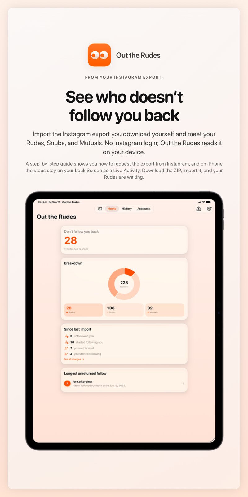 The Out the Rudes share image, showing the app on iPad Pro 13-inch with its icon, name and headline for the Papermoon account, in the Orange tint, light appearance.