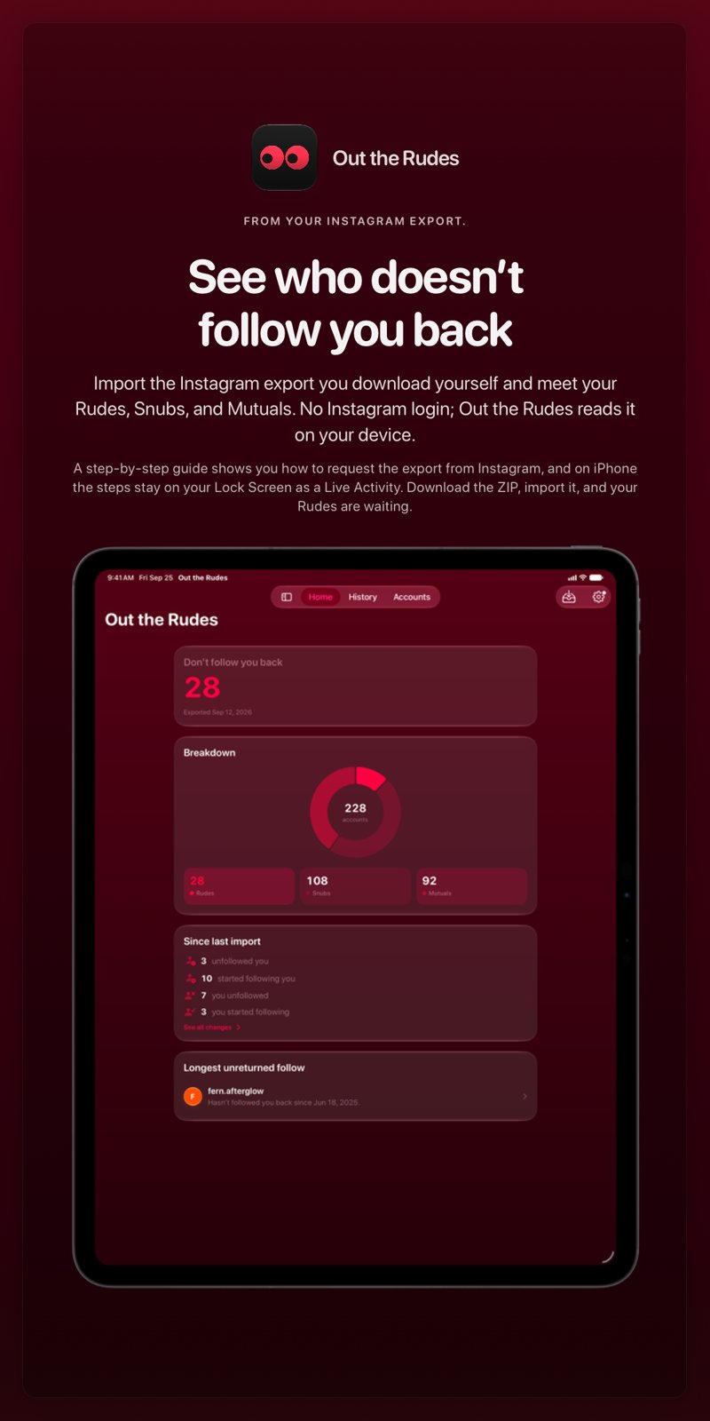 The Out the Rudes share image, showing the app on iPad Pro 13-inch with its icon, name and headline for the Papermoon account, in the Pink tint, dark appearance.