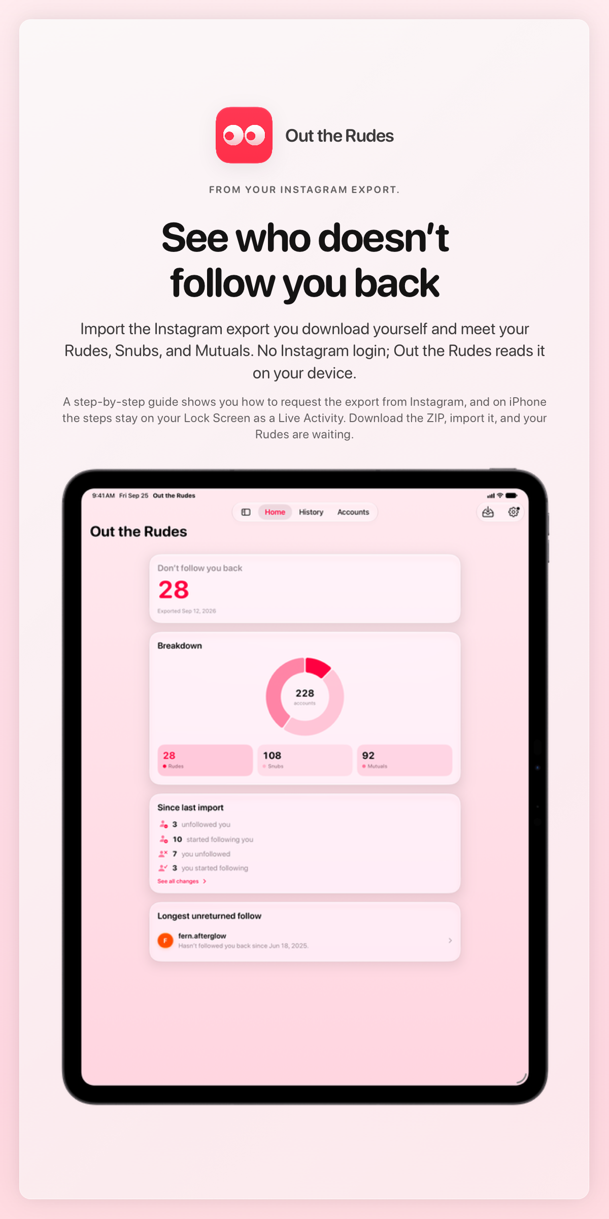 The Out the Rudes share image, showing the app on iPad Pro 13-inch with its icon, name and headline for the Papermoon account, in the Pink tint, light appearance.