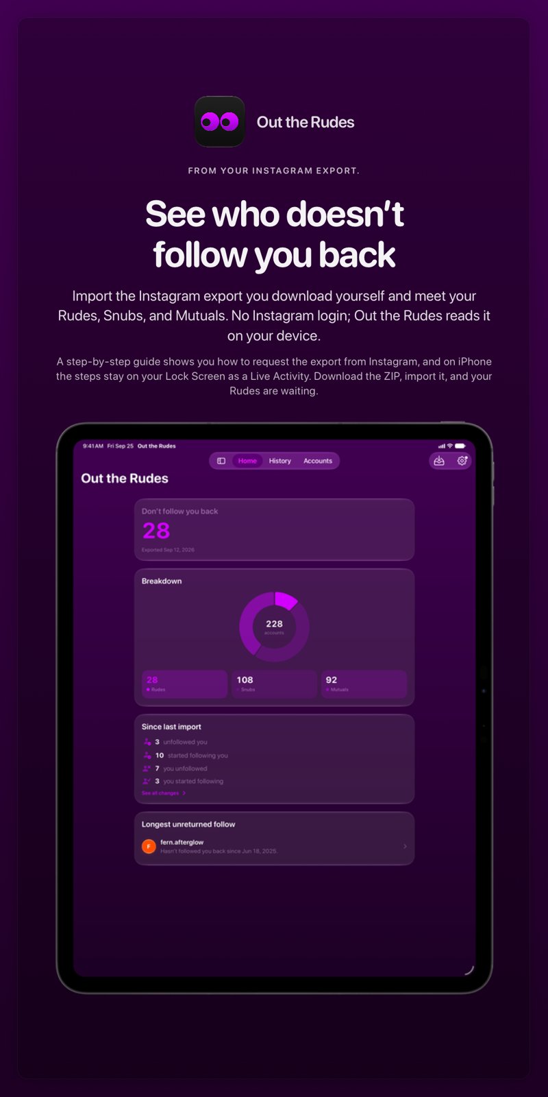 The Out the Rudes share image, showing the app on iPad Pro 13-inch with its icon, name and headline for the Papermoon account, in the Purple tint, dark appearance.