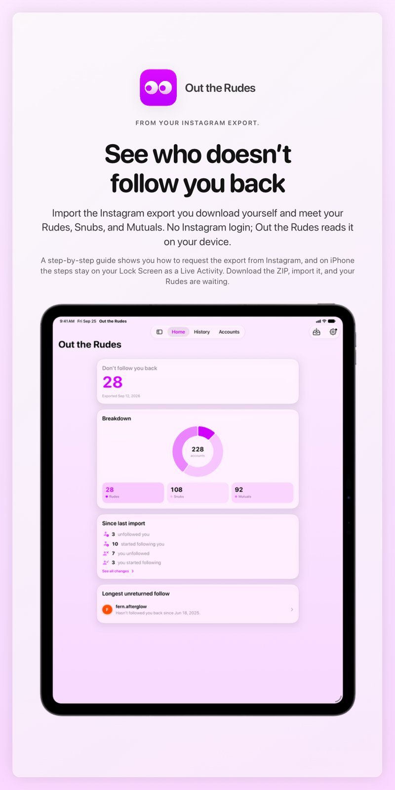 The Out the Rudes share image, showing the app on iPad Pro 13-inch with its icon, name and headline for the Papermoon account, in the Purple tint, light appearance.