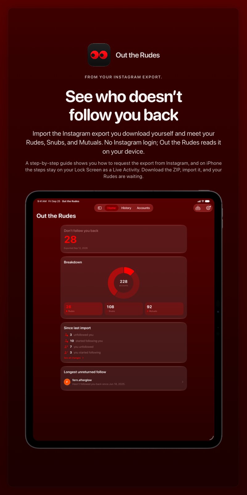 The Out the Rudes share image, showing the app on iPad Pro 13-inch with its icon, name and headline for the Papermoon account, in the Red tint, dark appearance.