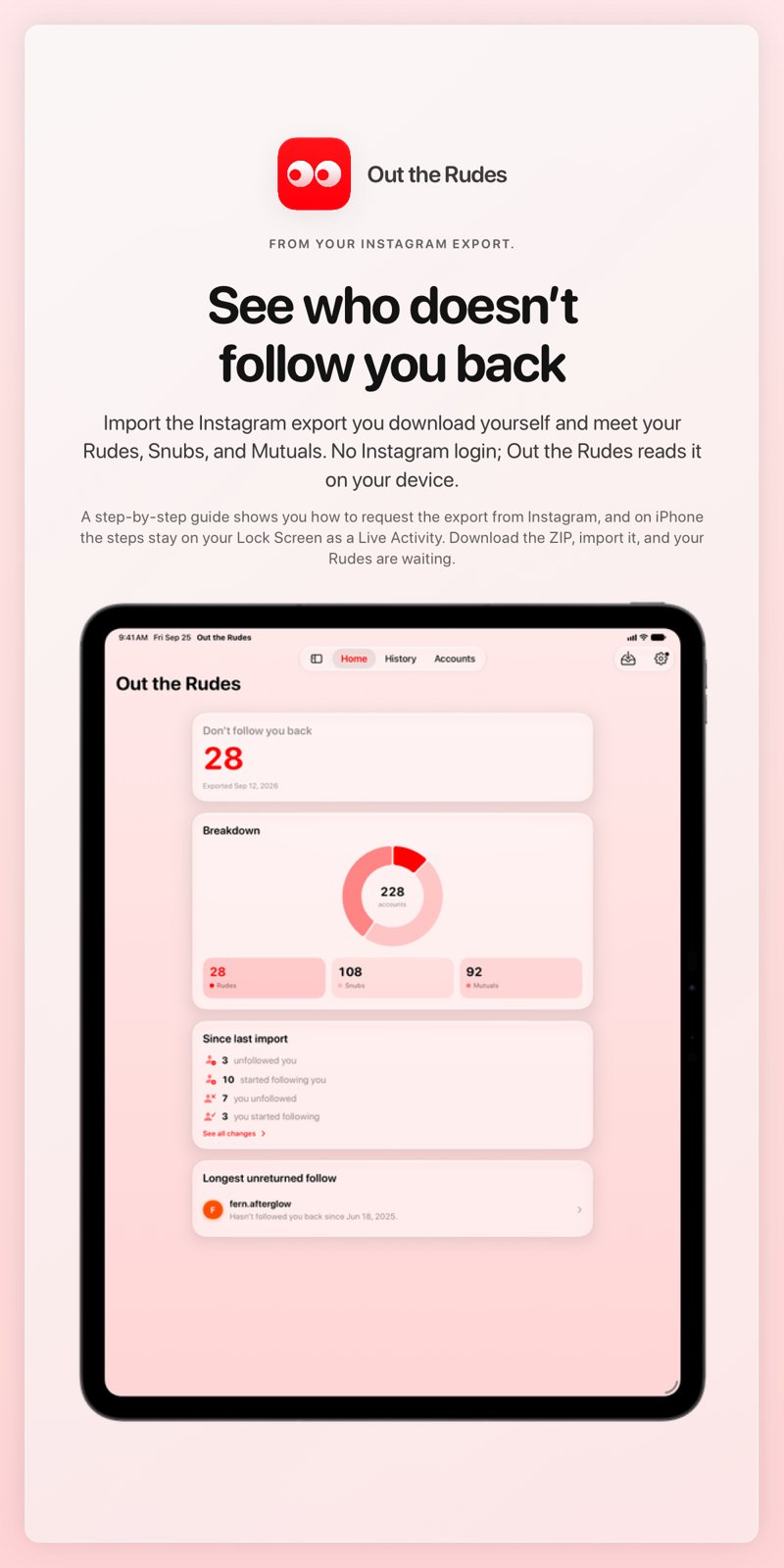The Out the Rudes share image, showing the app on iPad Pro 13-inch with its icon, name and headline for the Papermoon account, in the Red tint, light appearance.