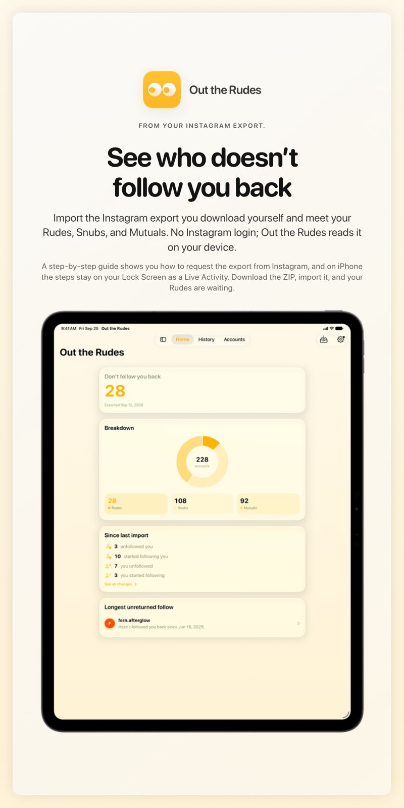 The Out the Rudes share image, showing the app on iPad Pro 13-inch with its icon, name and headline for the Papermoon account, in the Yellow tint, light appearance.