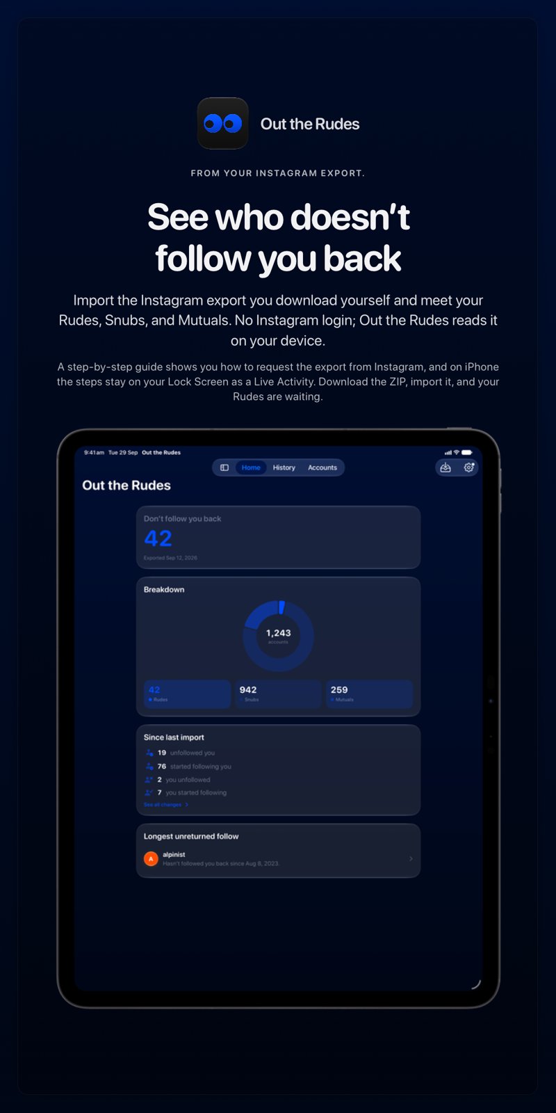 The Out the Rudes share image, showing the app on iPad Pro 13-inch with its icon, name and headline for the Saltmarsh account, in the Blue tint, dark appearance.