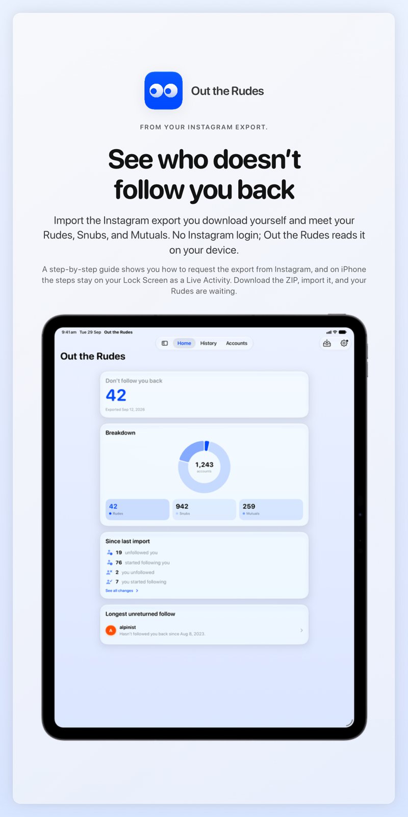 The Out the Rudes share image, showing the app on iPad Pro 13-inch with its icon, name and headline for the Saltmarsh account, in the Blue tint, light appearance.