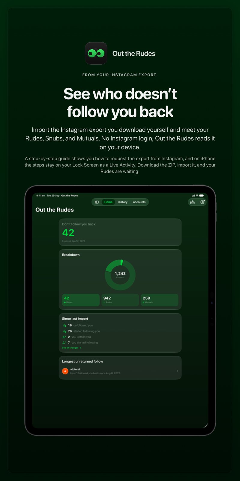The Out the Rudes share image, showing the app on iPad Pro 13-inch with its icon, name and headline for the Saltmarsh account, in the Green tint, dark appearance.