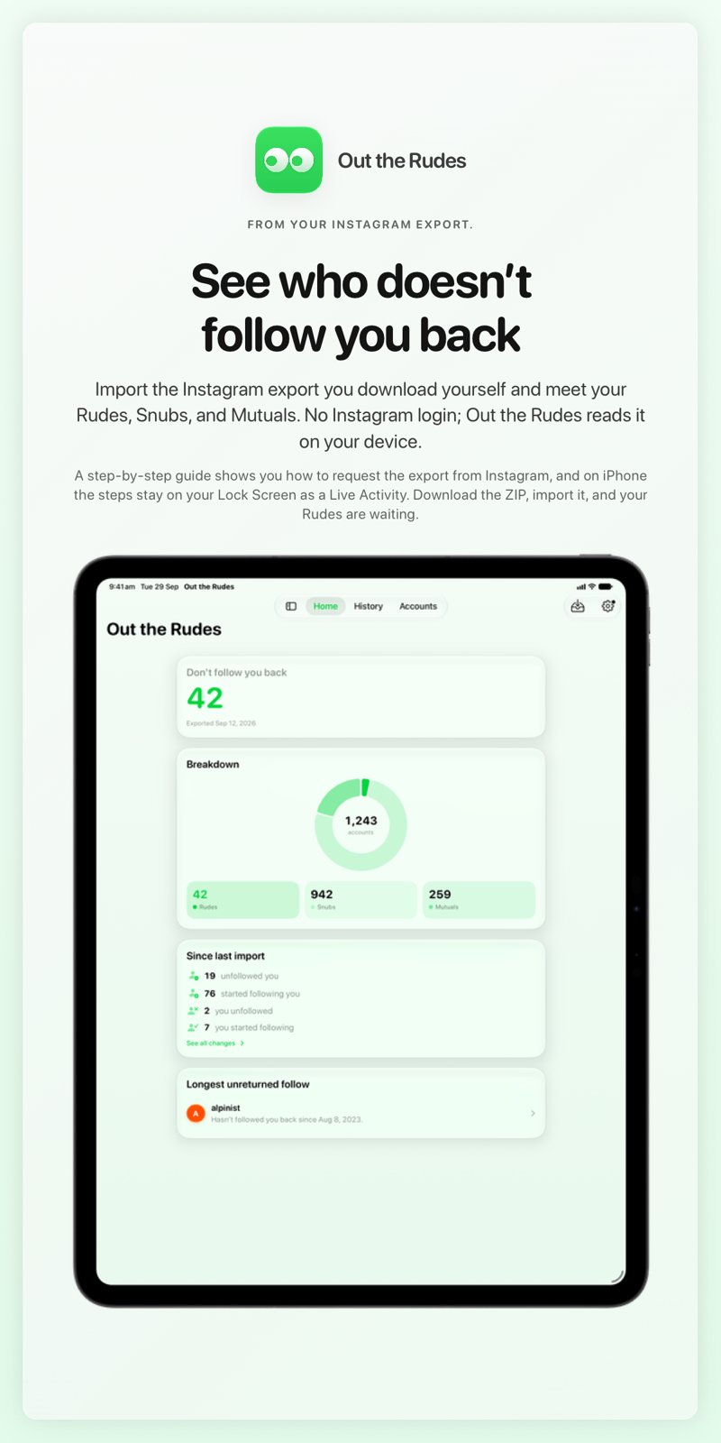 The Out the Rudes share image, showing the app on iPad Pro 13-inch with its icon, name and headline for the Saltmarsh account, in the Green tint, light appearance.