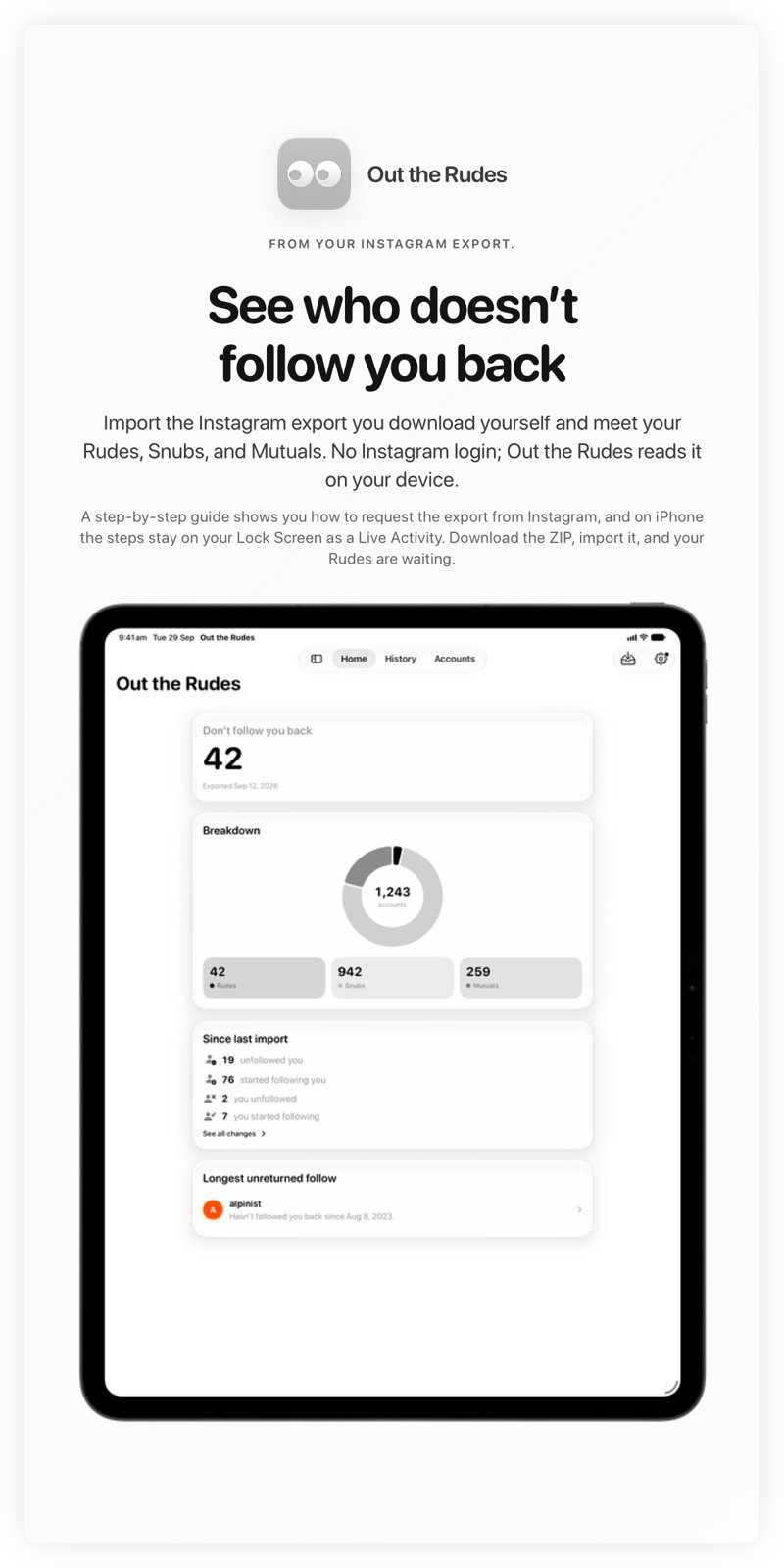 The Out the Rudes share image, showing the app on iPad Pro 13-inch with its icon, name and headline for the Saltmarsh account, in the Grey tint, light appearance.