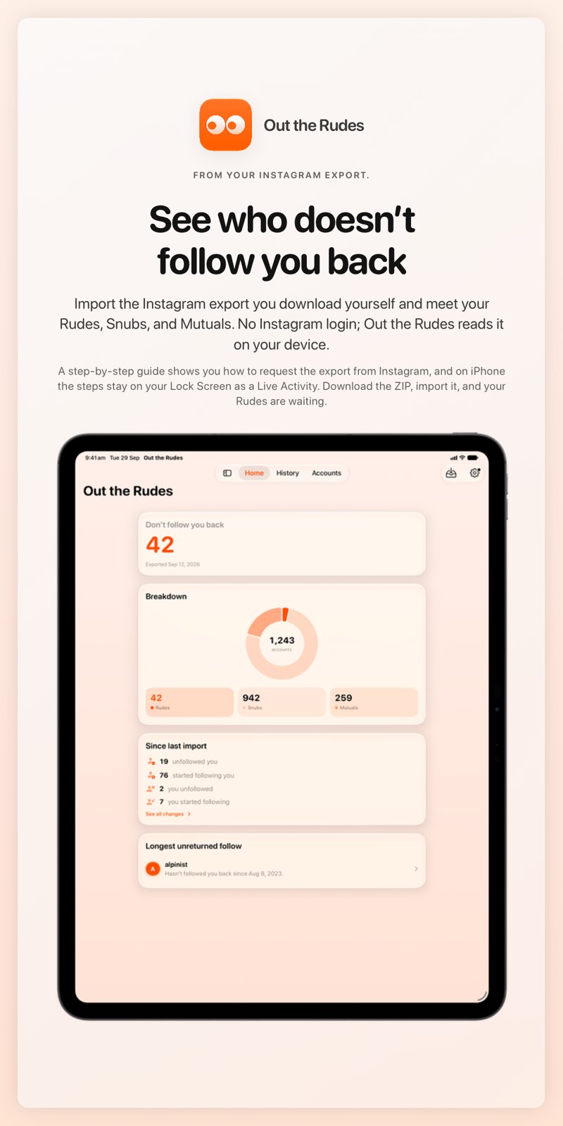 The Out the Rudes share image, showing the app on iPad Pro 13-inch with its icon, name and headline for the Saltmarsh account, in the Orange tint, light appearance.
