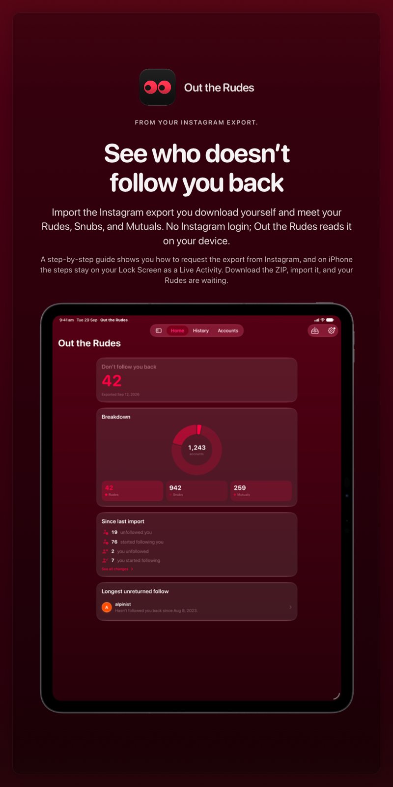 The Out the Rudes share image, showing the app on iPad Pro 13-inch with its icon, name and headline for the Saltmarsh account, in the Pink tint, dark appearance.