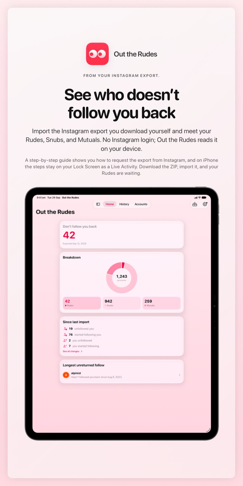 The Out the Rudes share image, showing the app on iPad Pro 13-inch with its icon, name and headline for the Saltmarsh account, in the Pink tint, light appearance.