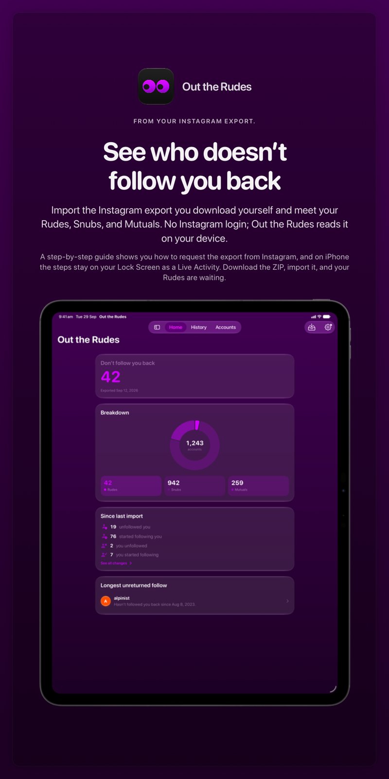 The Out the Rudes share image, showing the app on iPad Pro 13-inch with its icon, name and headline for the Saltmarsh account, in the Purple tint, dark appearance.