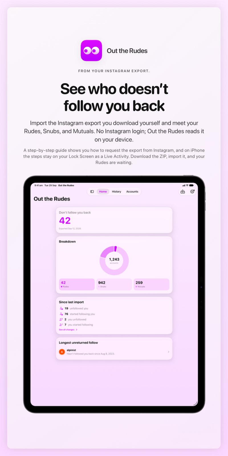 The Out the Rudes share image, showing the app on iPad Pro 13-inch with its icon, name and headline for the Saltmarsh account, in the Purple tint, light appearance.
