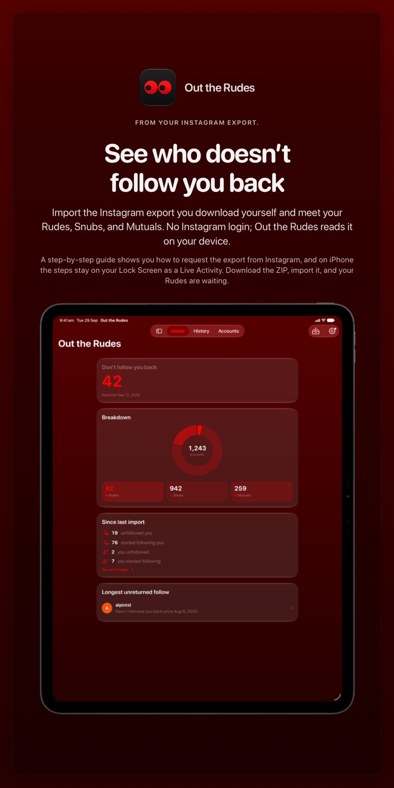 The Out the Rudes share image, showing the app on iPad Pro 13-inch with its icon, name and headline for the Saltmarsh account, in the Red tint, dark appearance.