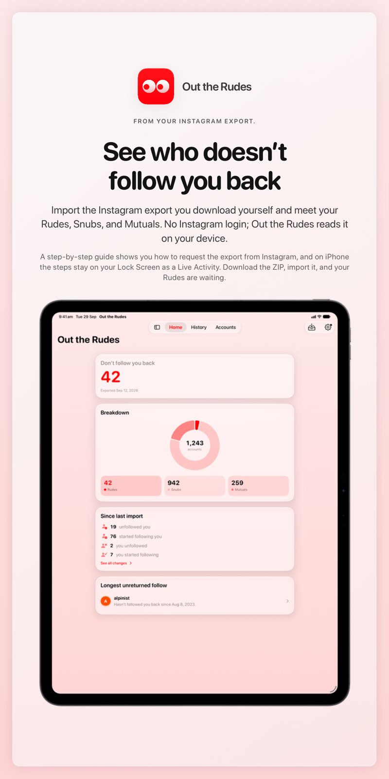 The Out the Rudes share image, showing the app on iPad Pro 13-inch with its icon, name and headline for the Saltmarsh account, in the Red tint, light appearance.