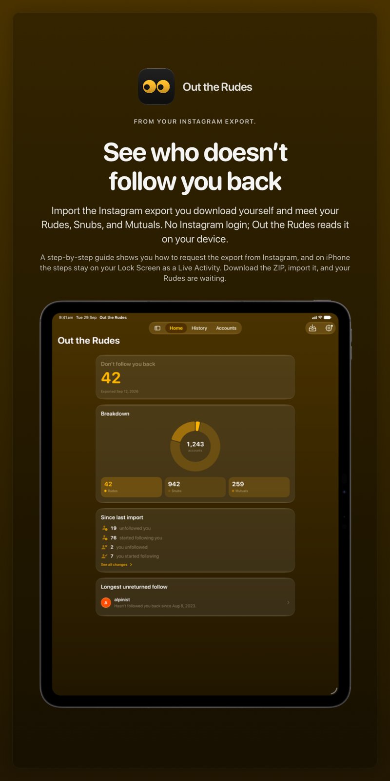 The Out the Rudes share image, showing the app on iPad Pro 13-inch with its icon, name and headline for the Saltmarsh account, in the Yellow tint, dark appearance.