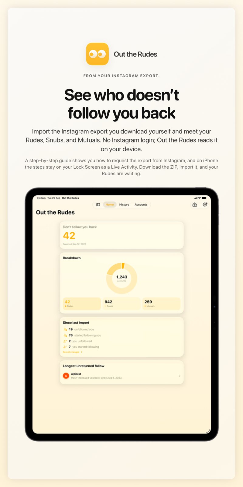 The Out the Rudes share image, showing the app on iPad Pro 13-inch with its icon, name and headline for the Saltmarsh account, in the Yellow tint, light appearance.
