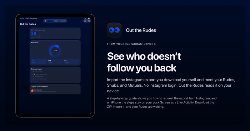 The Out the Rudes share image, showing the app on iPad Pro 13-inch with its icon, name and headline for the Papermoon account, in the Blue tint, dark appearance.