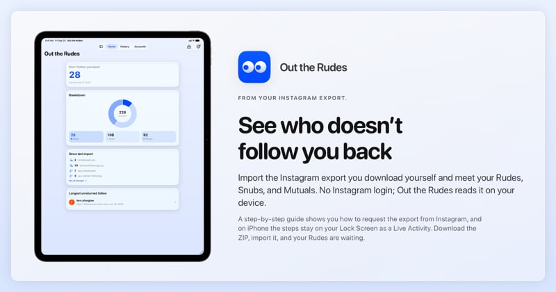 The Out the Rudes share image, showing the app on iPad Pro 13-inch with its icon, name and headline for the Papermoon account, in the Blue tint, light appearance.