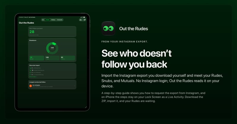 The Out the Rudes share image, showing the app on iPad Pro 13-inch with its icon, name and headline for the Papermoon account, in the Green tint, dark appearance.